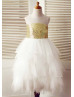 Sheer Neck Gold Sequin Ivory Tulle Ruffled Slit Back Flower Girl Dress